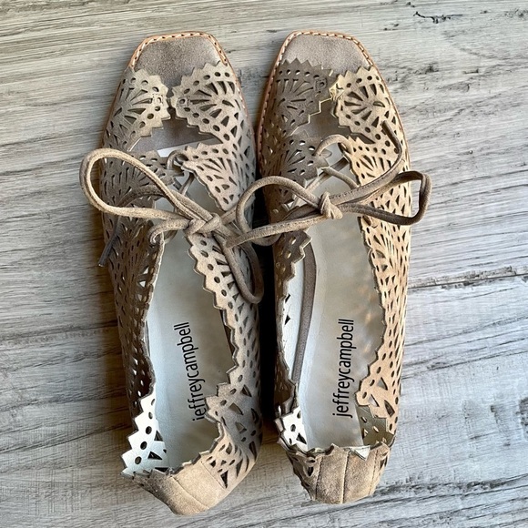 Jeffrey Campbell Wedge Sandals “Espejo” Taupe Suede Rodillo Lace-Up Low Size 8 - Picture 2 of 16